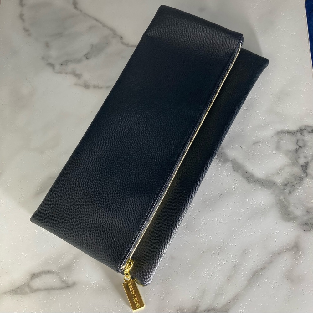 Black Fold-Over Clutch with Gold Zipper Tag NWT